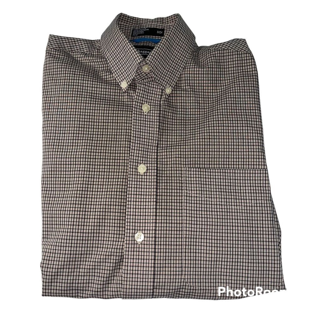 Haggar Men’s Long Sleeve Button Down Dress Shirt Plaid Tan Size Small